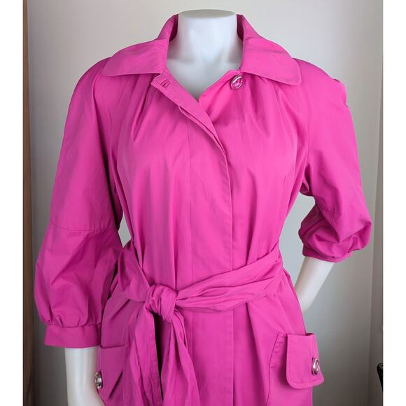 Apostrophe Fuschia Trenchcoat Raincoat Chic Mid-Length 3/4 Puff Sleeve Sz Large - Picture 4 of 11